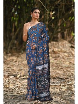 Unnati Silks - Women Blue Cotton Printed Saree with Unstitched Blouse