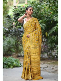 Unnati Silks - Women Yellow Cotton Silk Printed Saree with Unstitched Blouse