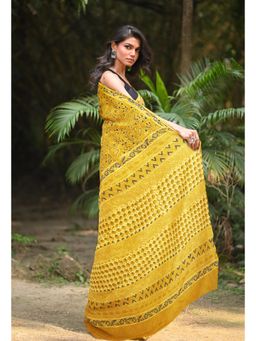 Unnati Silks - Women Yellow Cotton Silk Printed Saree with Unstitched Blouse