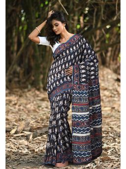Unnati Silks - Women Black Silk Printed Saree with Unstitched Blouse