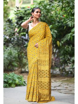 Unnati Silks - Women Yellow Cotton Silk Printed Saree with Unstitched Blouse