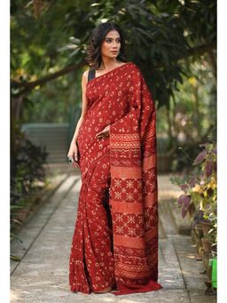 Unnati Silks - Women Red Cotton Silk Printed Saree with Unstitched Blouse