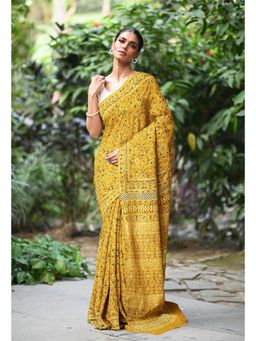 Unnati Silks - Women Yellow Cotton Silk Printed Saree with Unstitched Blouse