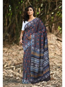 Unnati Silks - Women Black Cotton Silk Printed Saree with Unstitched Blouse