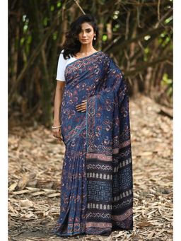 Unnati Silks - Women Blue Cotton Silk Printed Saree with Unstitched Blouse