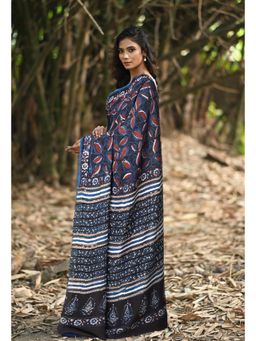 Unnati Silks - Women Black Cotton Silk Printed Saree with Unstitched Blouse