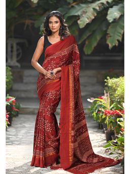 Unnati Silks - Women Red Silk Printed Saree with Unstitched Blouse