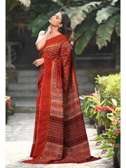 Unnati Silks - Women Red Silk Printed Saree with Unstitched Blouse