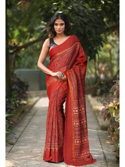 Unnati Silks - Women Red Silk Printed Saree with Unstitched Blouse
