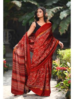 Unnati Silks - Women Red Silk Printed Saree with Unstitched Blouse