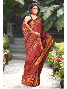 Unnati Silks - Women Red Silk Printed Saree with Unstitched Blouse