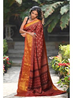 Unnati Silks - Women Red Silk Printed Saree with Unstitched Blouse