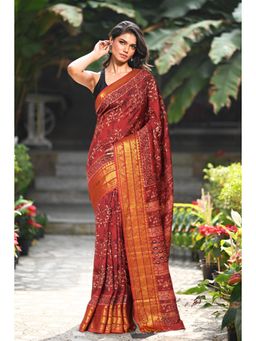 Unnati Silks - Women Red Silk Printed Saree with Unstitched Blouse