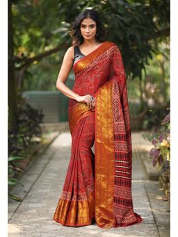 Unnati Silks - Women Red Silk Printed Saree with Unstitched Blouse