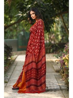 Unnati Silks - Women Red Silk Printed Saree with Unstitched Blouse