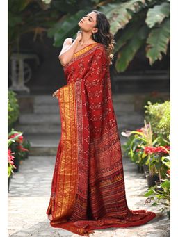 Unnati Silks - Women Red Silk Printed Saree with Unstitched Blouse
