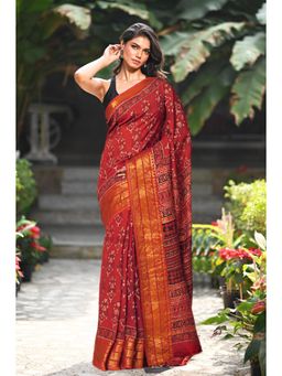 Unnati Silks - Women Red Silk Printed Saree with Unstitched Blouse