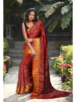 Unnati Silks - Women Red Silk Printed Saree with Unstitched Blouse