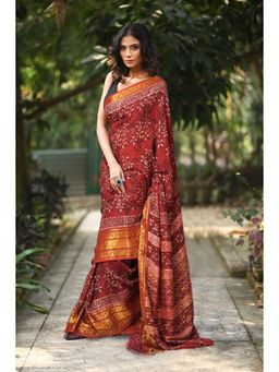 Unnati Silks - Women Red Silk Printed Saree with Unstitched Blouse