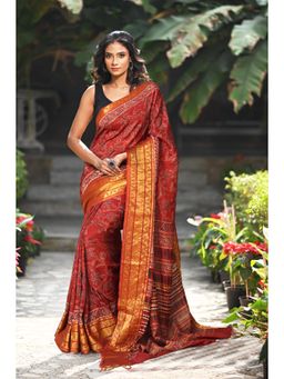 Unnati Silks - Women Red Silk Printed Saree with Unstitched Blouse