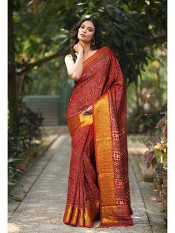 Unnati Silks - Women Red Silk Printed Saree with Unstitched Blouse