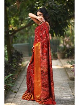 Unnati Silks - Women Red Silk Printed Saree with Unstitched Blouse