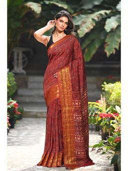 Unnati Silks - Women Red Silk Printed Saree with Unstitched Blouse