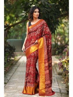 Unnati Silks - Women Red Silk Printed Saree with Unstitched Blouse