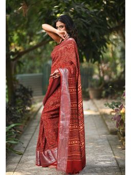 Unnati Silks - Women Red Silk Printed Saree with Unstitched Blouse