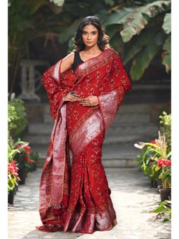 Unnati Silks - Women Red Silk Printed Saree with Unstitched Blouse
