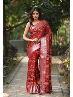 Unnati Silks - Women Red Silk Printed Saree with Unstitched Blouse