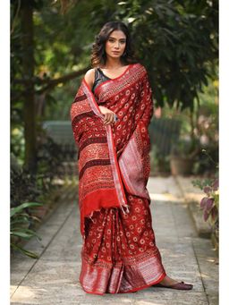 Unnati Silks - Women Red Silk Printed Saree with Unstitched Blouse