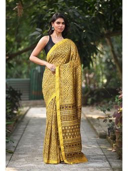 Unnati Silks - Women Yellow Cotton Silk Printed Saree Without Blouse