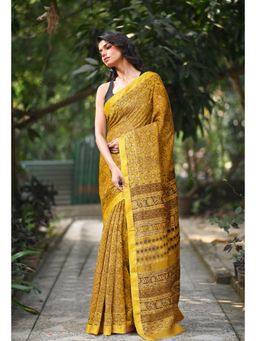 Unnati Silks - Women Yellow Cotton Silk Printed Saree Without Blouse