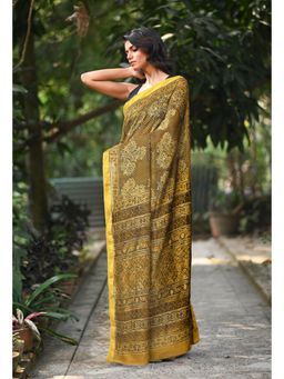 Unnati Silks - Women Yellow Cotton Silk Printed Saree Without Blouse