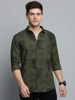 SHOWOFFFF - Mens Spread Collar Olive Printed Shirt