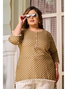 Desi Noor - Plus Size Beige Rayon Polka Dot Short Kurti