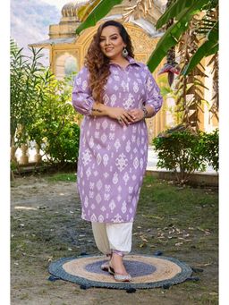 Desi Noor - Plus Size Lavender Ikkat Kurta with Gathered Pants (Set of 2)