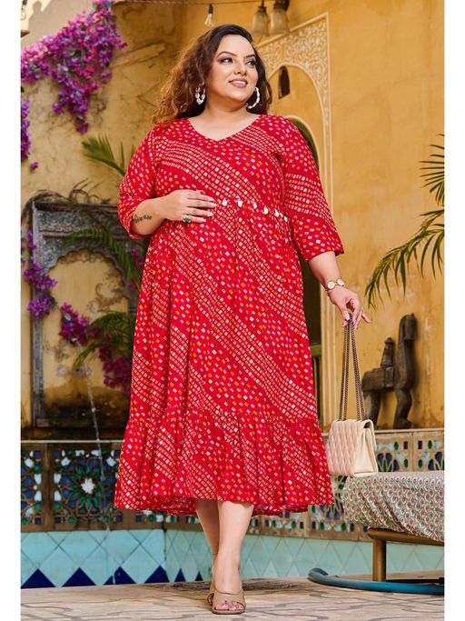 Buy Desi Noor Plus Size Red Bandhani Printed Fit Flare Midi Dress Online