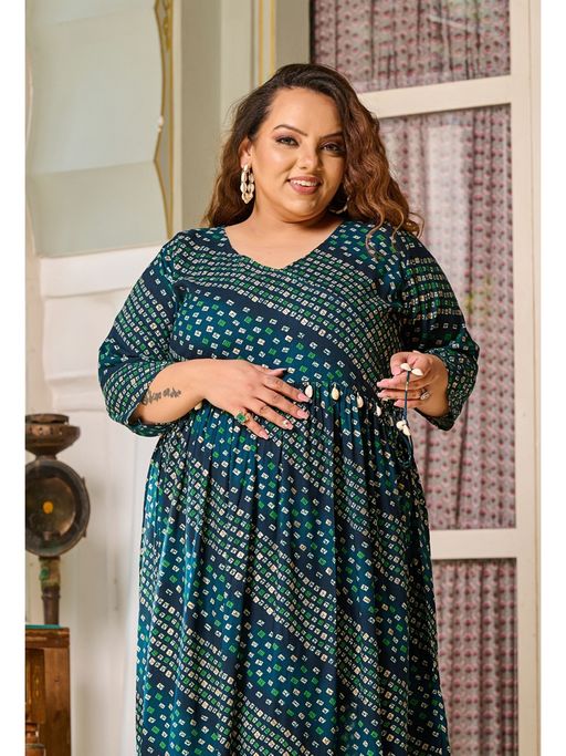 Buy Desi Noor Plus Size Teal Bandhani Printed Fit Flare Midi Dress Online