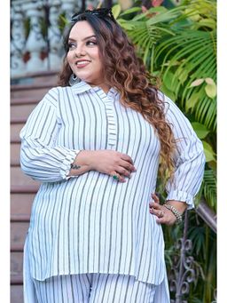 Desi Noor - Plus Size White Rayon Striped High Low Short Kurti