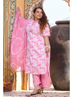 Desi Noor - Plus Size Pink Floral Kurta with Palazzo and Chiffon Dupatta (Set of 3)