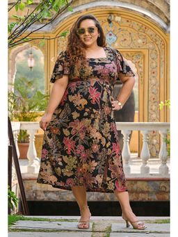 Desi Noor - Plus Size Black Floral Dress with Front Slit