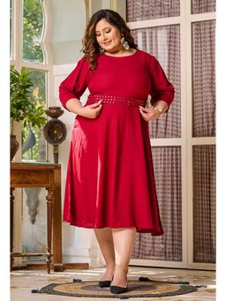 Desi Noor - Plus Size Maroon Ethnic Dress with Mirror Belt (Set of 2)