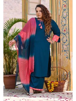 Desi Noor - Plus Size Teal Blue Siroski Kurta with Palazzo and Dupatta (Set of 3)