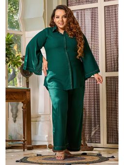 Desi Noor - Plus Size Bottle Green Siroski Rayon Co-Ord (Set of 2)