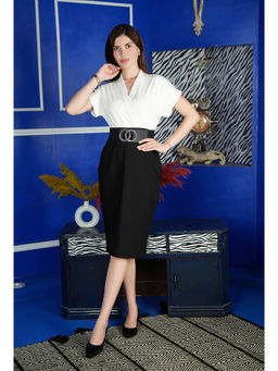 Exude - Sparkling Color Block Blouson Dress with Belt Black (Set of 2)