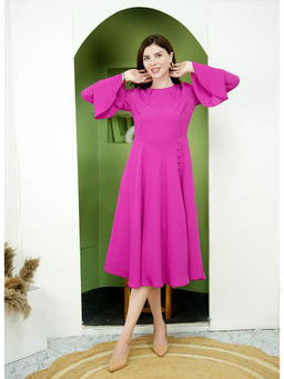 Exude - Gleaming Fit and Flare Dress with Bell Sleeves Pink