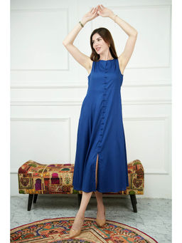 Exude - Glowing Front Button Dress with Pockets Royal Blue