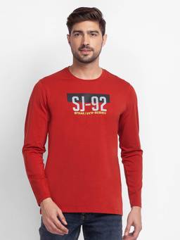 Spykar - Brick Red Cotton Full Sleeve Printed Casual T-Shirt for Men
